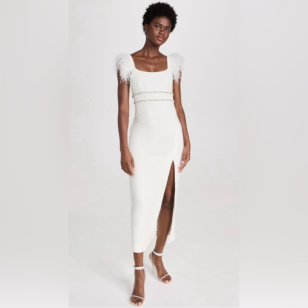 LIKELY NWT White Dress w/ feathers and crystal details  . Size 6